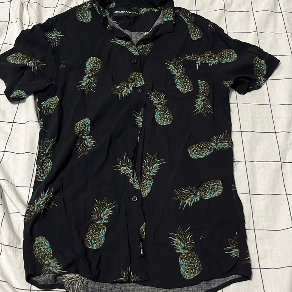 Black button up with blue pineapples